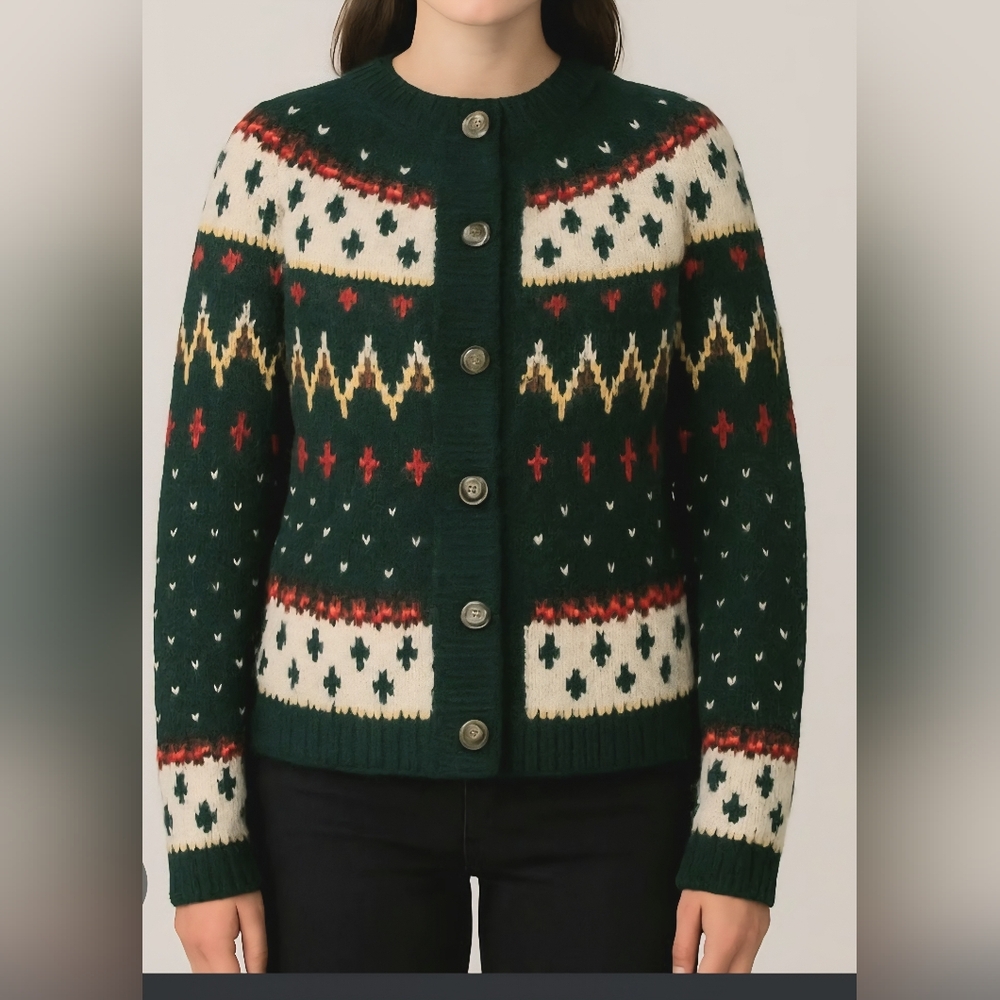 Pink Rose Festive Green Cardigan with Red and Yellow Accents